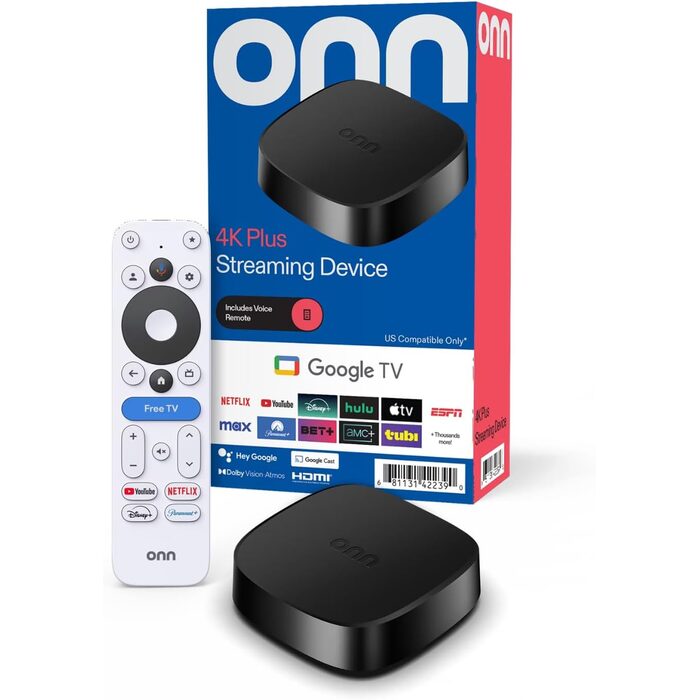 onn 4K Plus streaming box with white remote